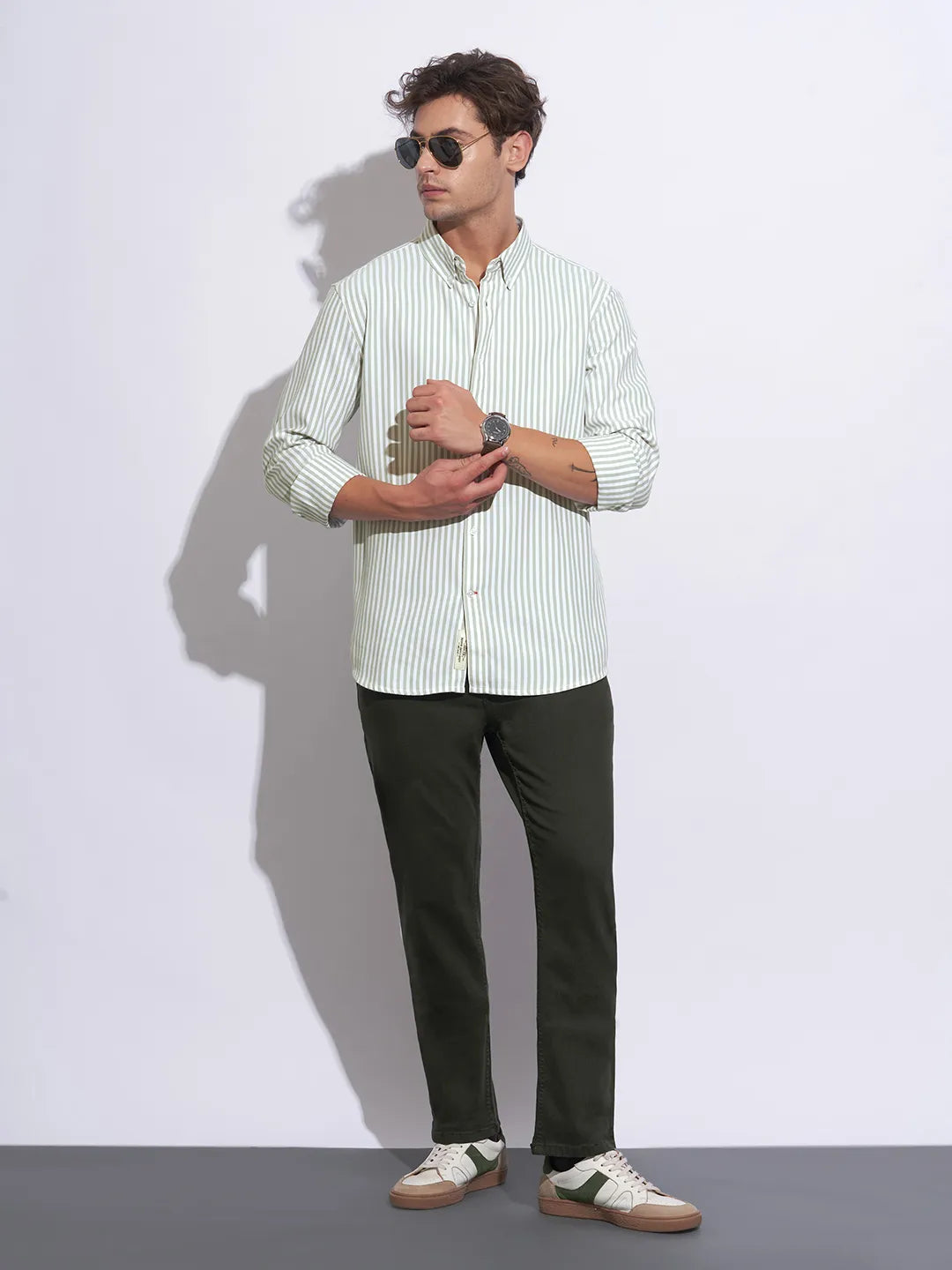 Green Moderno Fit Regular Collar Long Sleeves Cotton Men's Shirt by Being Human Clothing