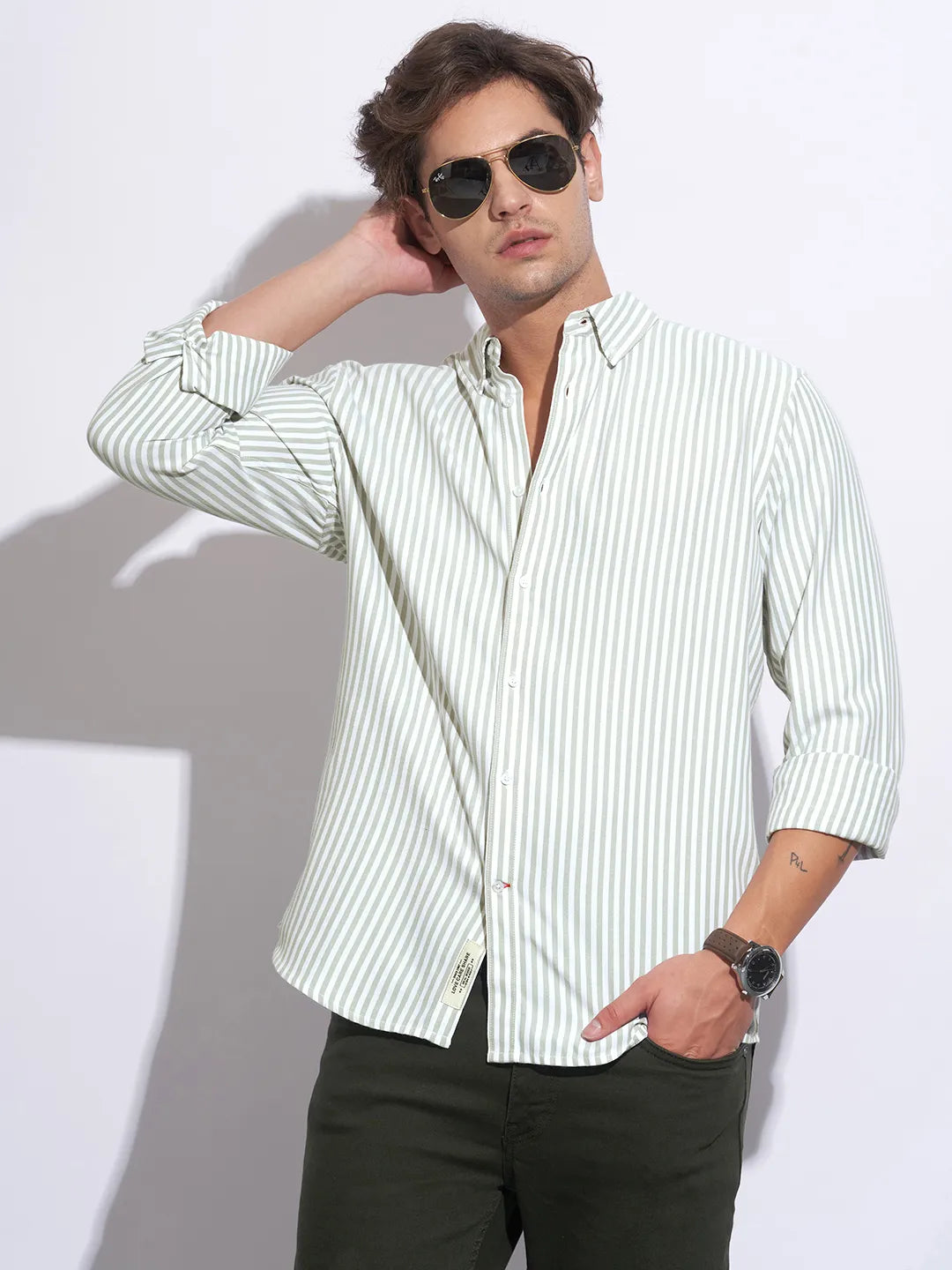 Green Moderno Fit Regular Collar Long Sleeves Cotton Men's Shirt by Being Human Clothing