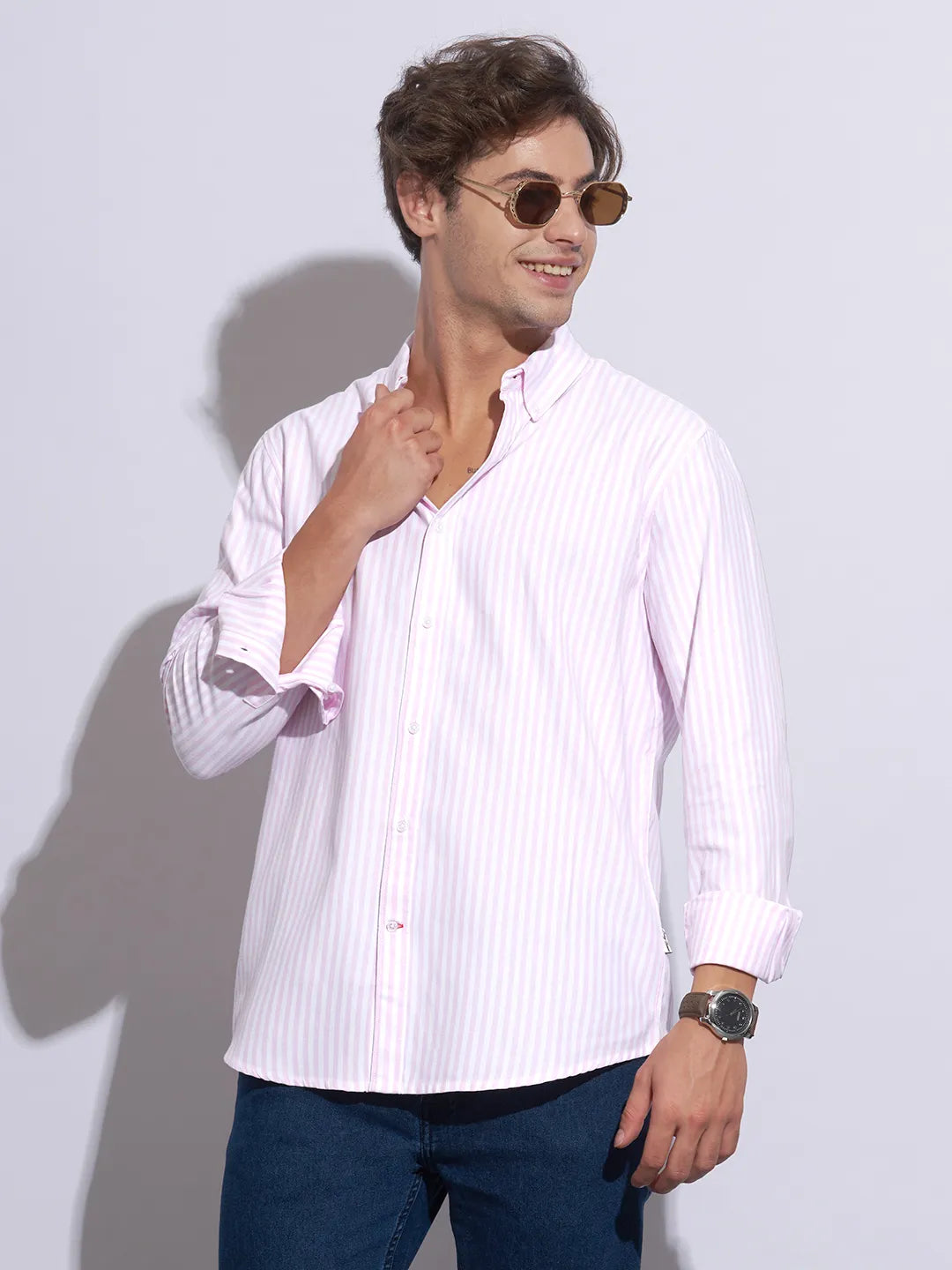 Pink Moderno Fit Regular Collar Long Sleeves Cotton Men's Shirt by Being Human Clothing