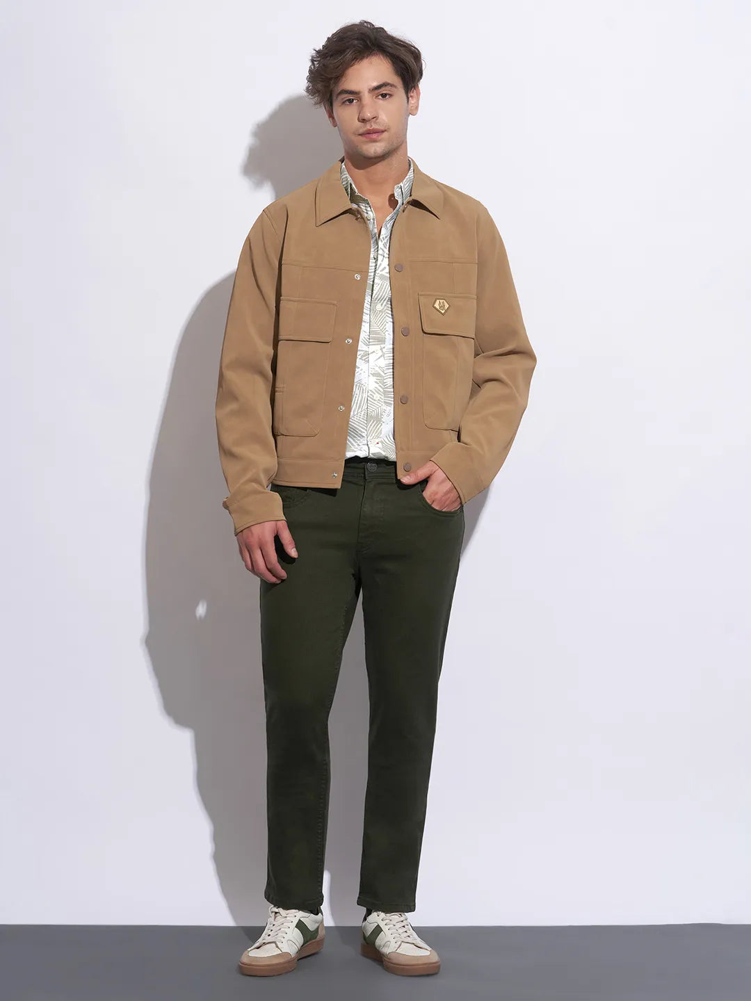 Khaki Moderno Fit Regular Collar Long Sleeves Cotton Men's Shirt by Being Human Clothing