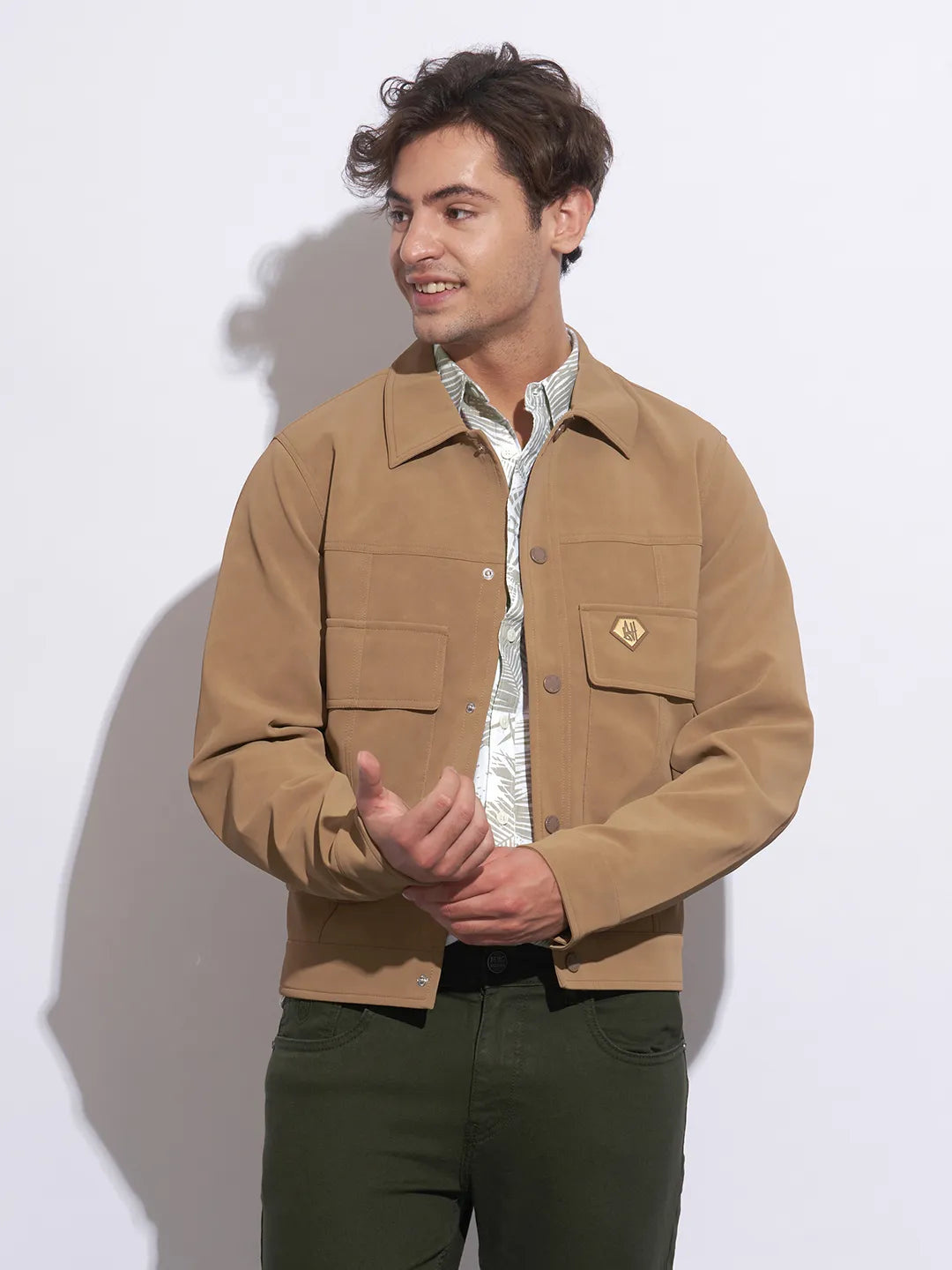 Khaki Moderno Fit Regular Collar Long Sleeves Cotton Men's Shirt by Being Human Clothing