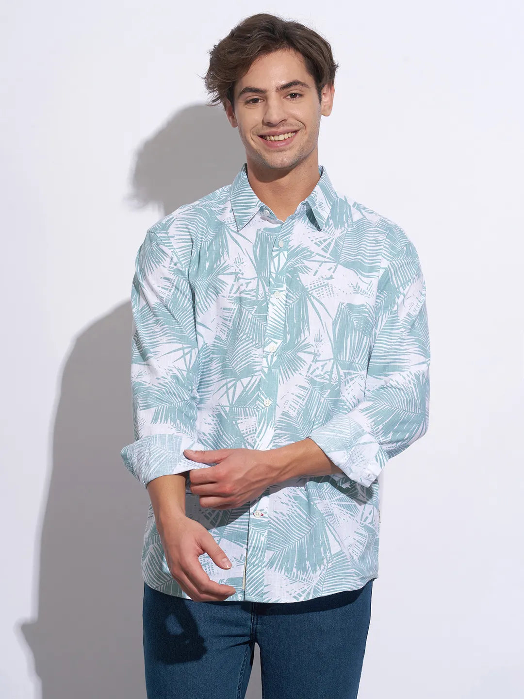 Green Moderno Fit Regular Collar Long Sleeves Cotton Men's Shirt by Being Human Clothing