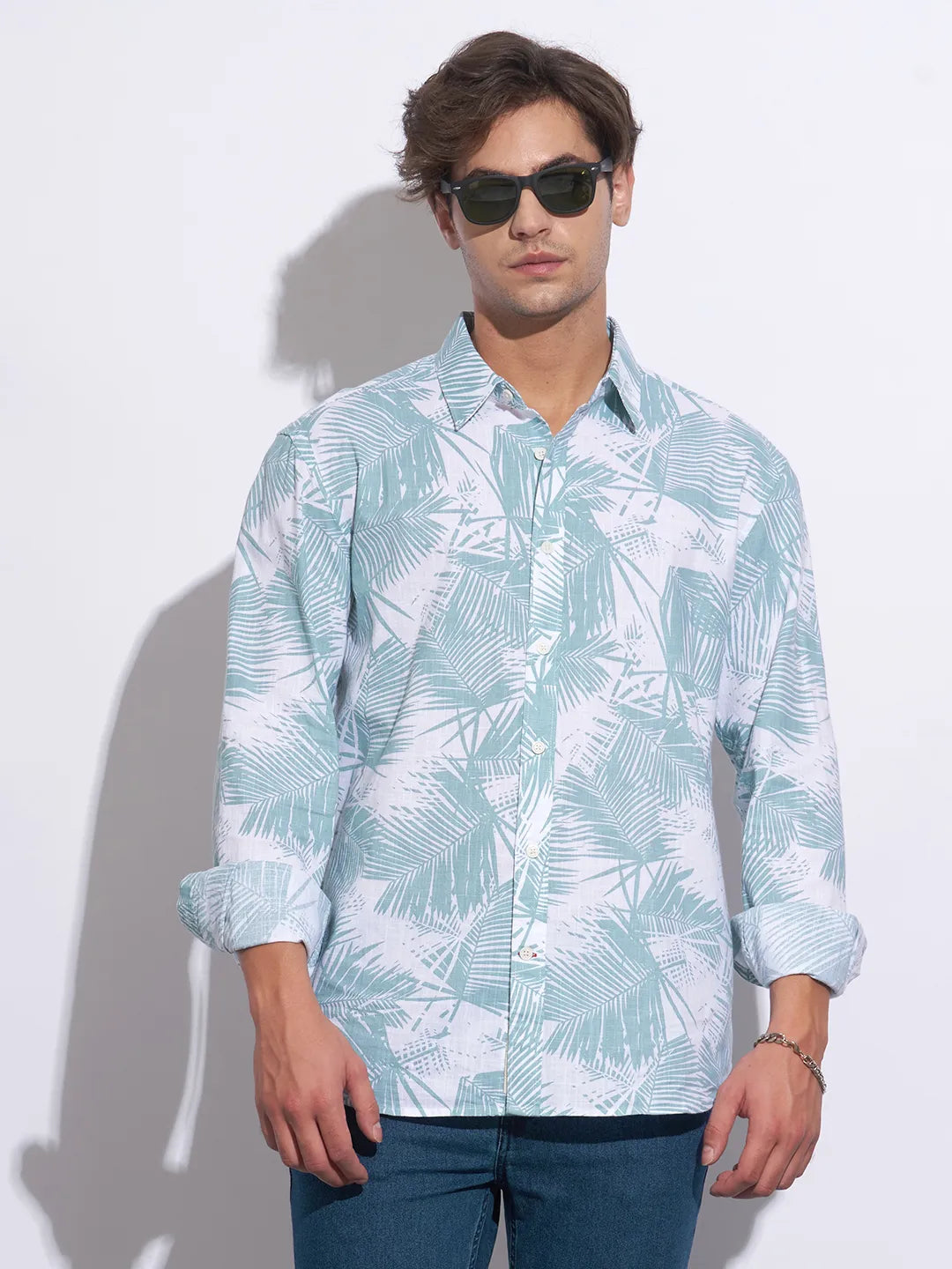 Green Moderno Fit Regular Collar Long Sleeves Cotton Men's Shirt by Being Human Clothing