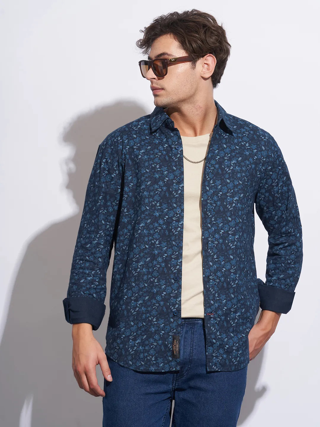 Blue Moderno Fit Regular Collar Long Sleeves Cotton Men's Shirt by Being Human Clothing