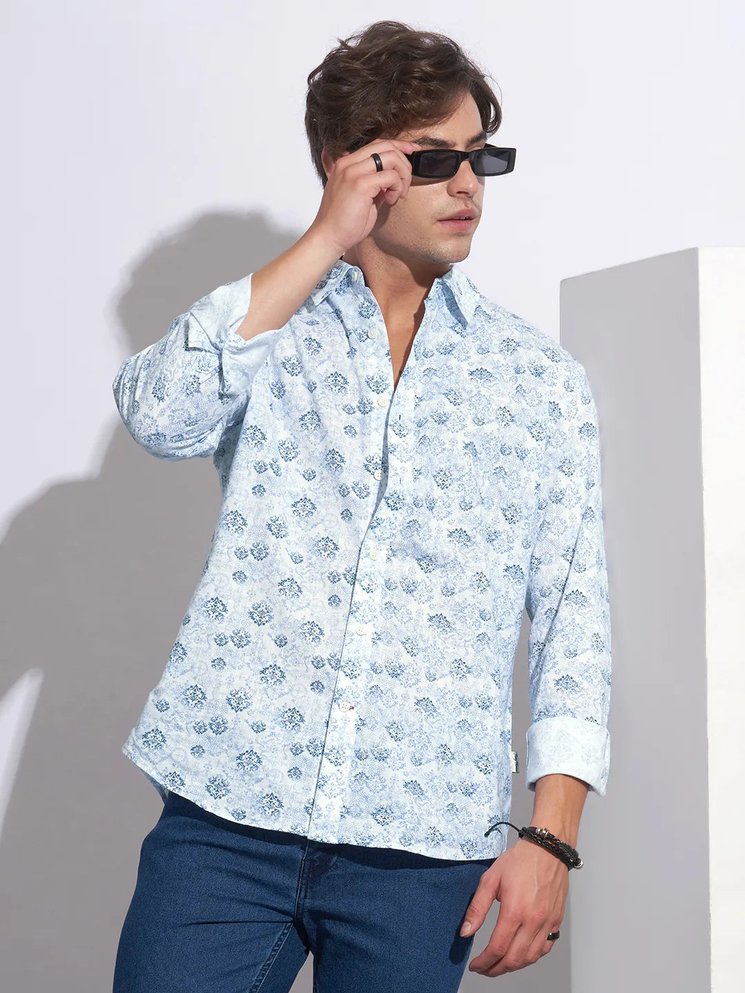 Blue Moderno Fit Regular Collar Long Sleeves Cotton Men's Shirt by Being Human Clothing