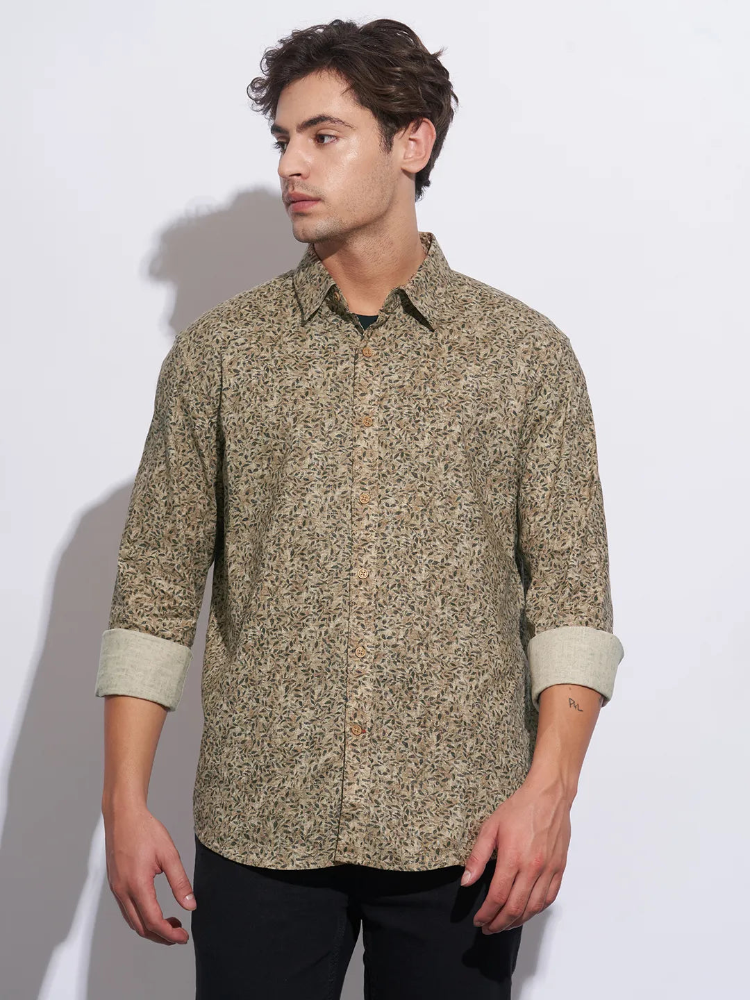 Khaki Moderno Fit Regular Collar Long Sleeves Cotton Men's Shirt by Being Human Clothing