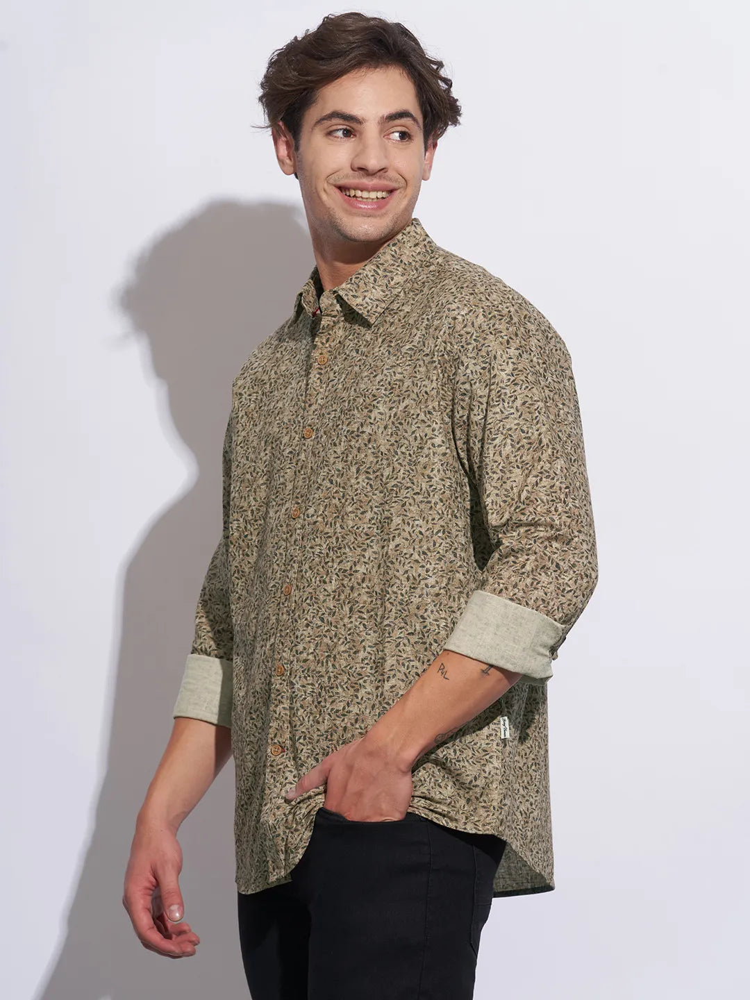 Khaki Moderno Fit Regular Collar Long Sleeves Cotton Men's Shirt by Being Human Clothing