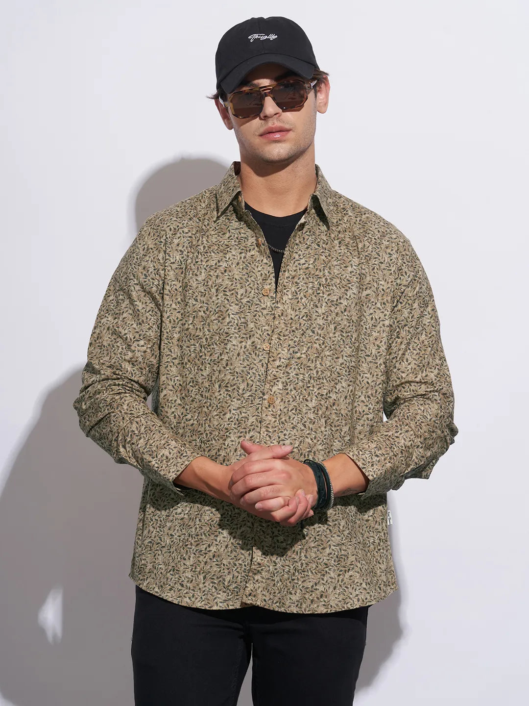 Khaki Moderno Fit Regular Collar Long Sleeves Cotton Men's Shirt by Being Human Clothing