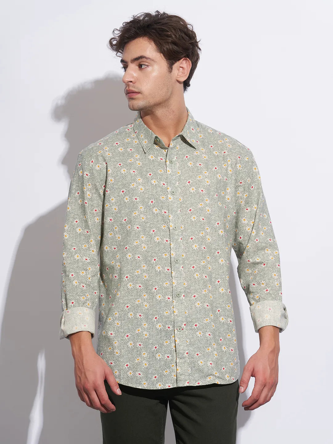 Green Moderno Fit Regular Collar Long Sleeves Cotton Men's Shirt by Being Human Clothing