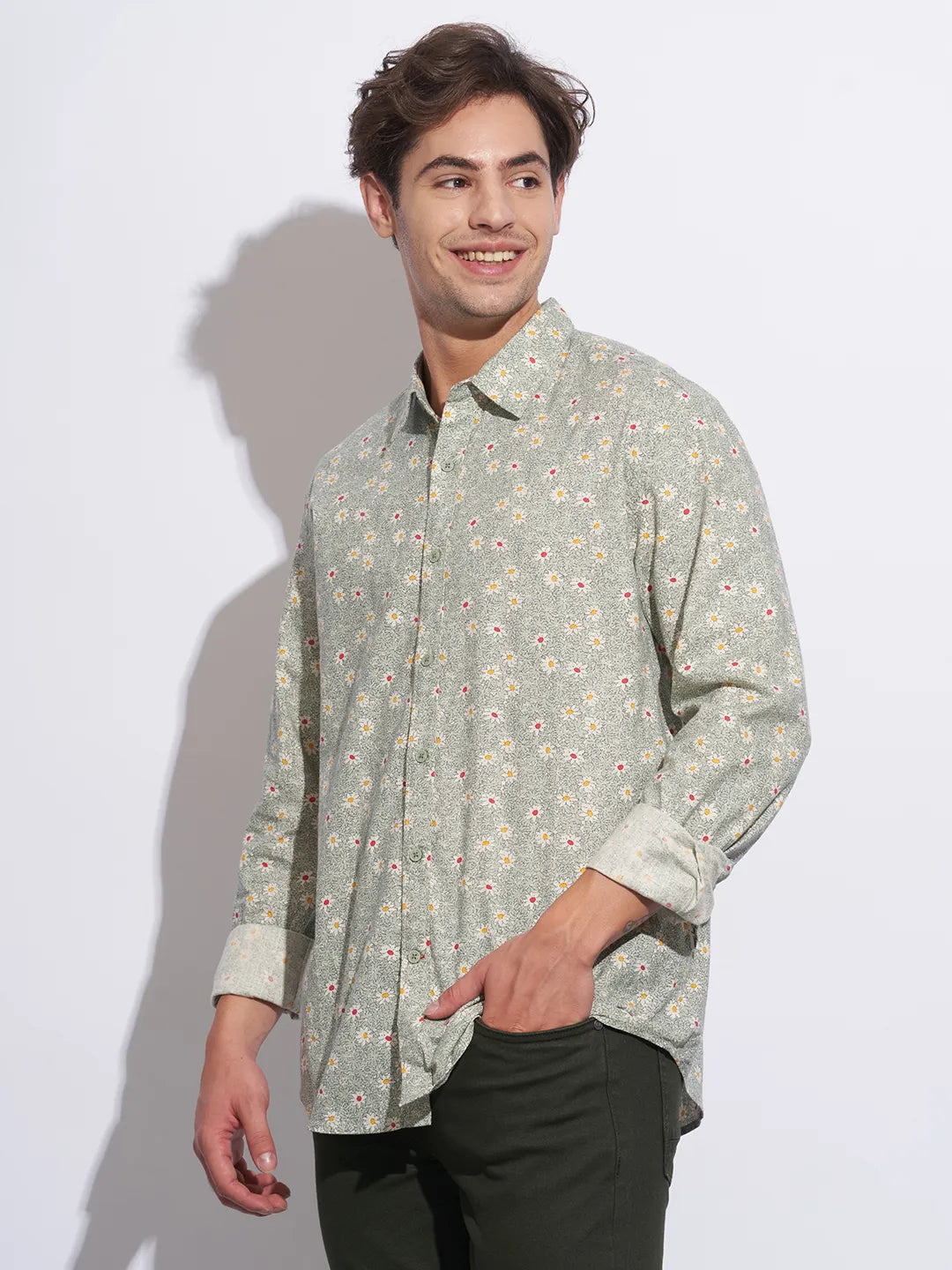 Green Moderno Fit Regular Collar Long Sleeves Cotton Men's Shirt by Being Human Clothing