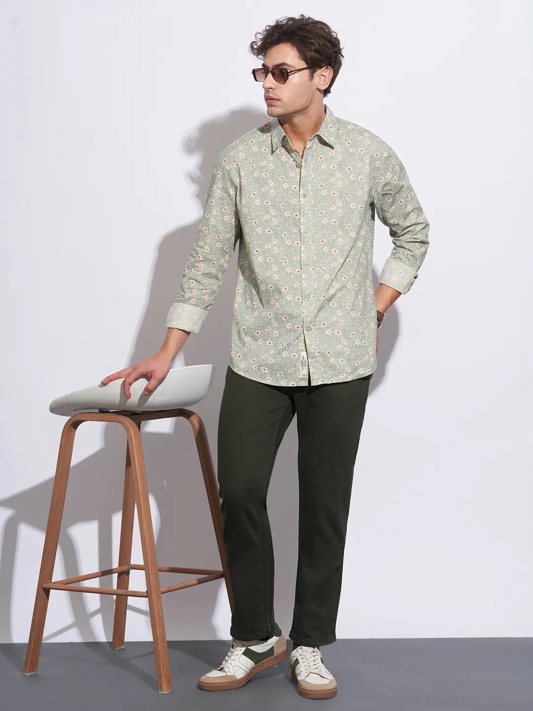 Green Moderno Fit Regular Collar Long Sleeves Cotton Men's Shirt by Being Human Clothing