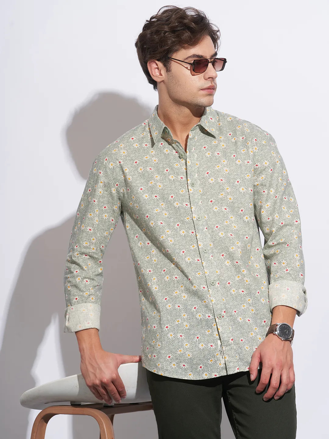 Green Moderno Fit Regular Collar Long Sleeves Cotton Men's Shirt by Being Human Clothing