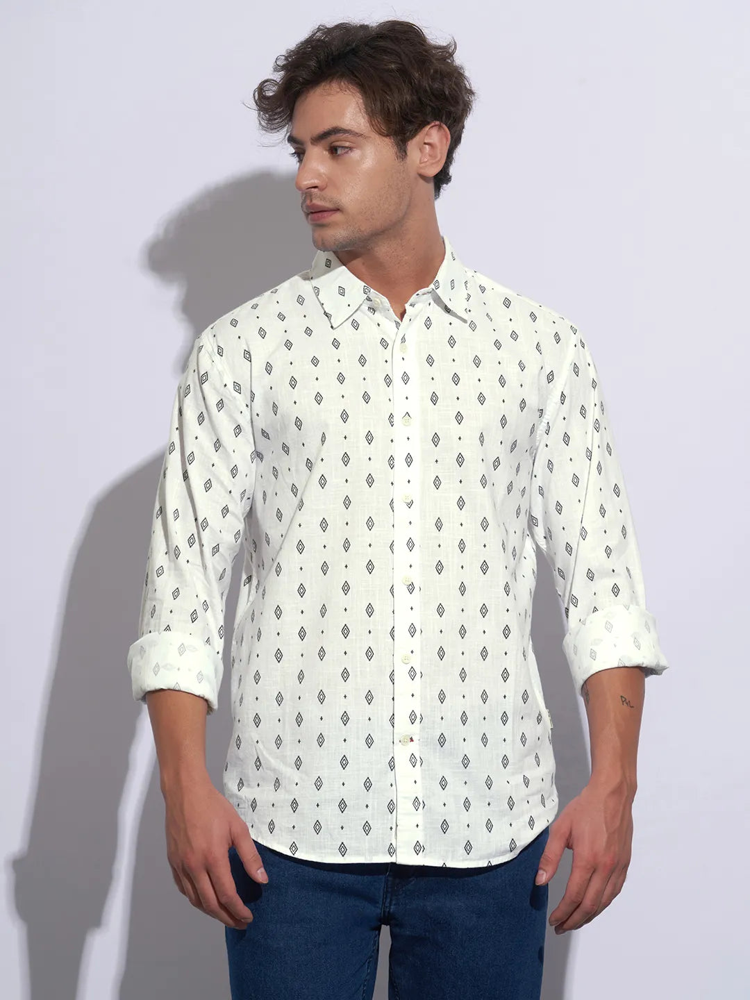 White Moderno Fit Regular Collar Long Sleeves Cotton Men's Shirt by Being Human Clothing