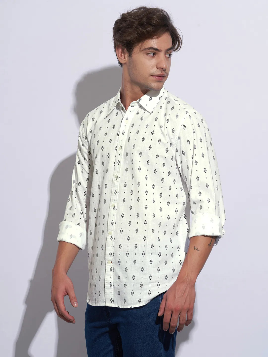 White Moderno Fit Regular Collar Long Sleeves Cotton Men's Shirt by Being Human Clothing
