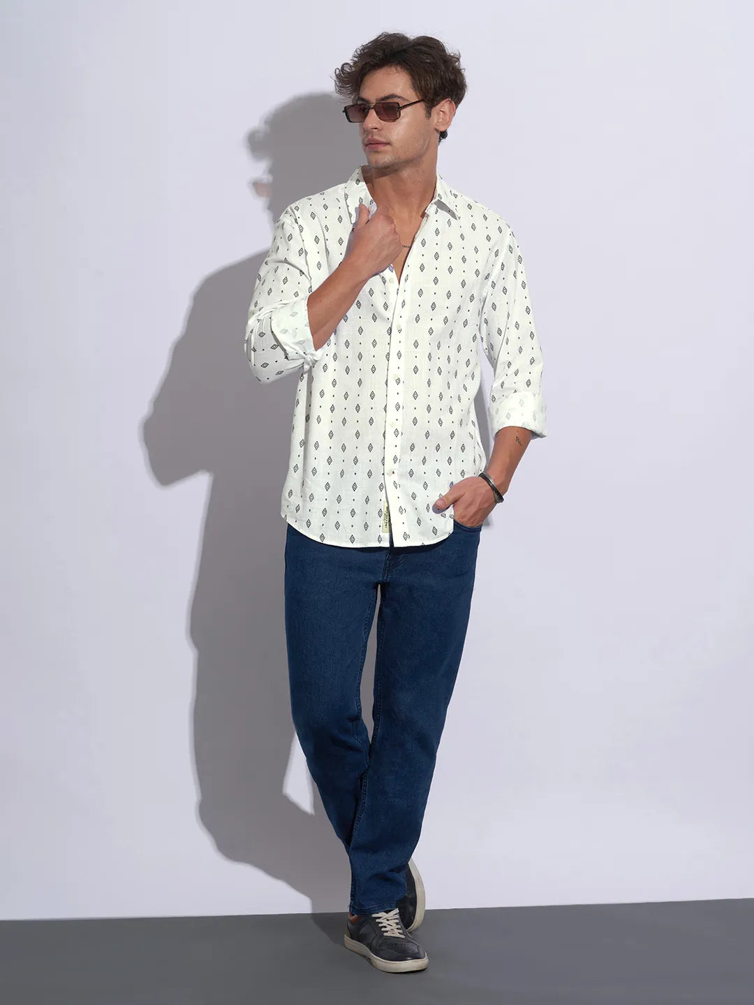 White Moderno Fit Regular Collar Long Sleeves Cotton Men's Shirt by Being Human Clothing