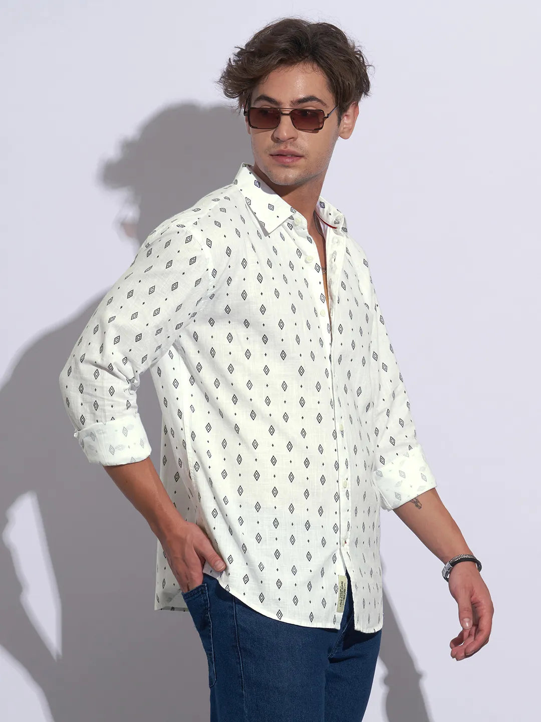 White Moderno Fit Regular Collar Long Sleeves Cotton Men's Shirt by Being Human Clothing