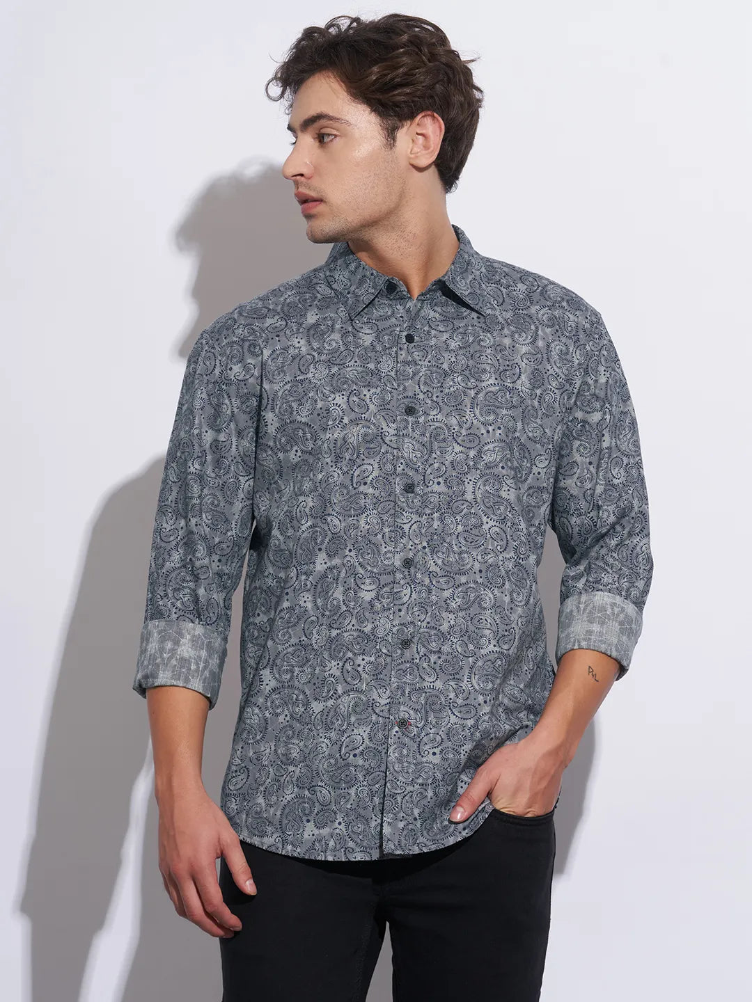 Grey Moderno Fit Regular Collar Long Sleeves Cotton Men's Shirt by Being Human Clothing