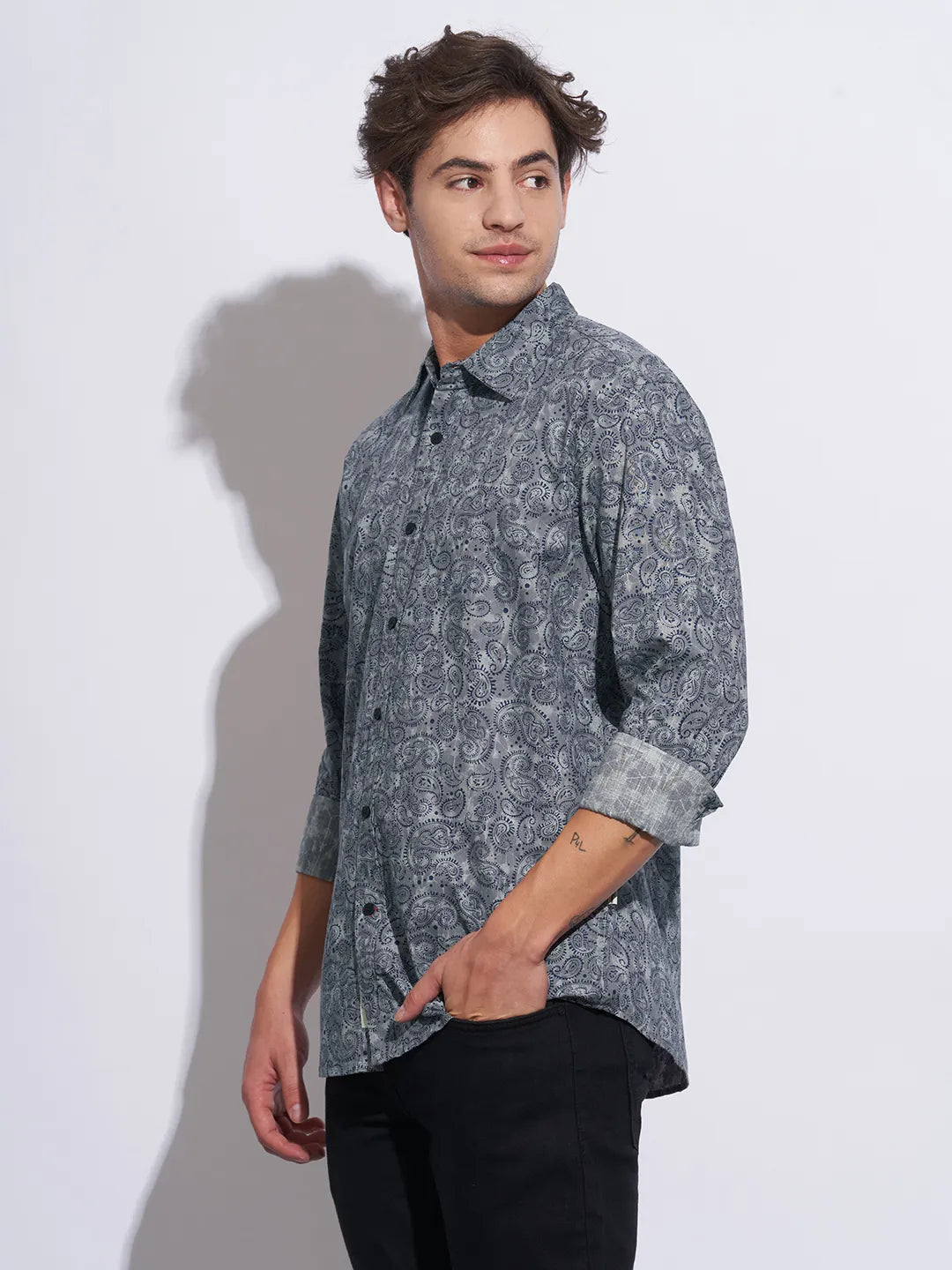 Grey Moderno Fit Regular Collar Long Sleeves Cotton Men's Shirt by Being Human Clothing