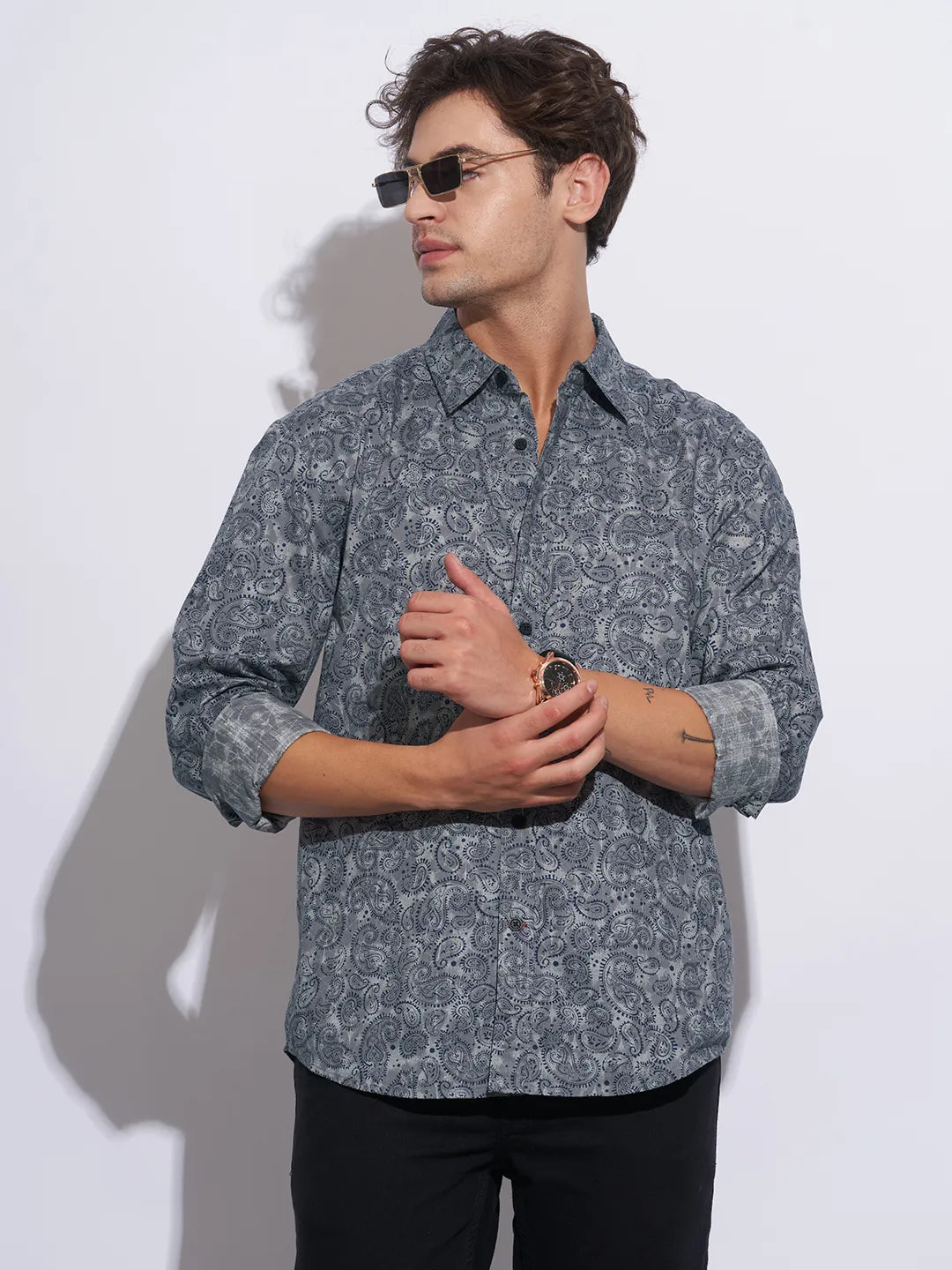 Grey Moderno Fit Regular Collar Long Sleeves Cotton Men's Shirt by Being Human Clothing