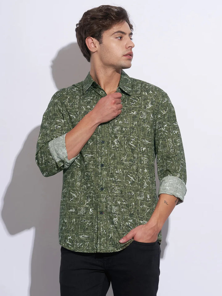 Olive Moderno Fit Regular Collar Long Sleeves Cotton Men's Shirt by Being Human Clothing