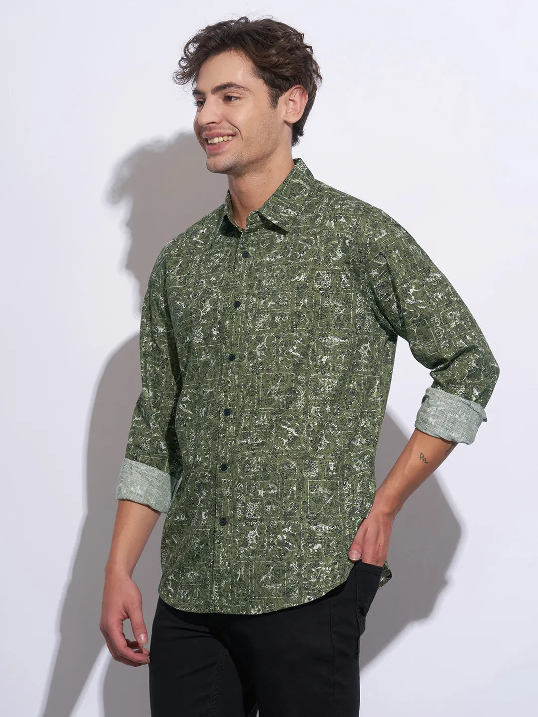 Olive Moderno Fit Regular Collar Long Sleeves Cotton Men's Shirt by Being Human Clothing