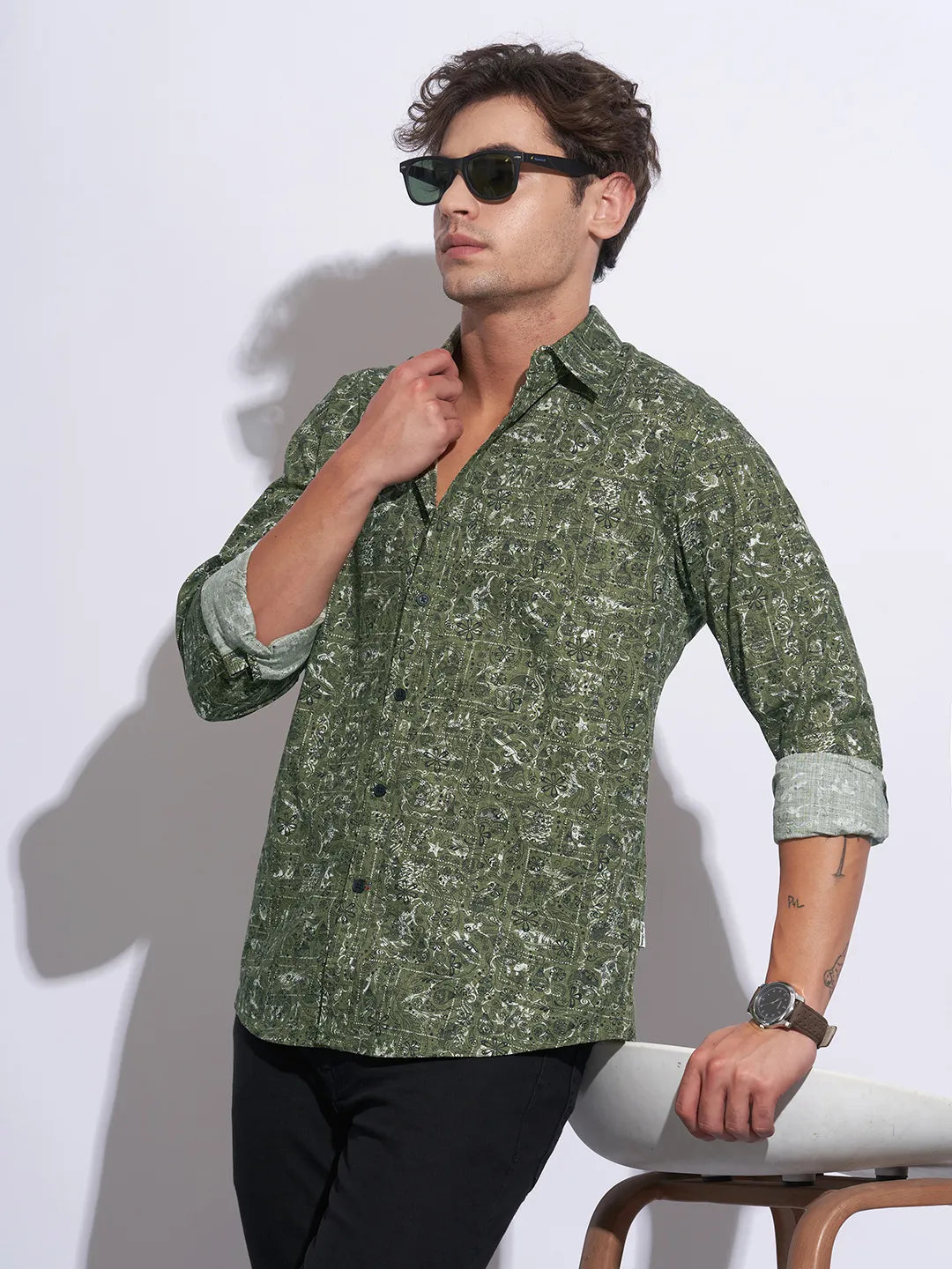 Olive Moderno Fit Regular Collar Long Sleeves Cotton Men's Shirt by Being Human Clothing
