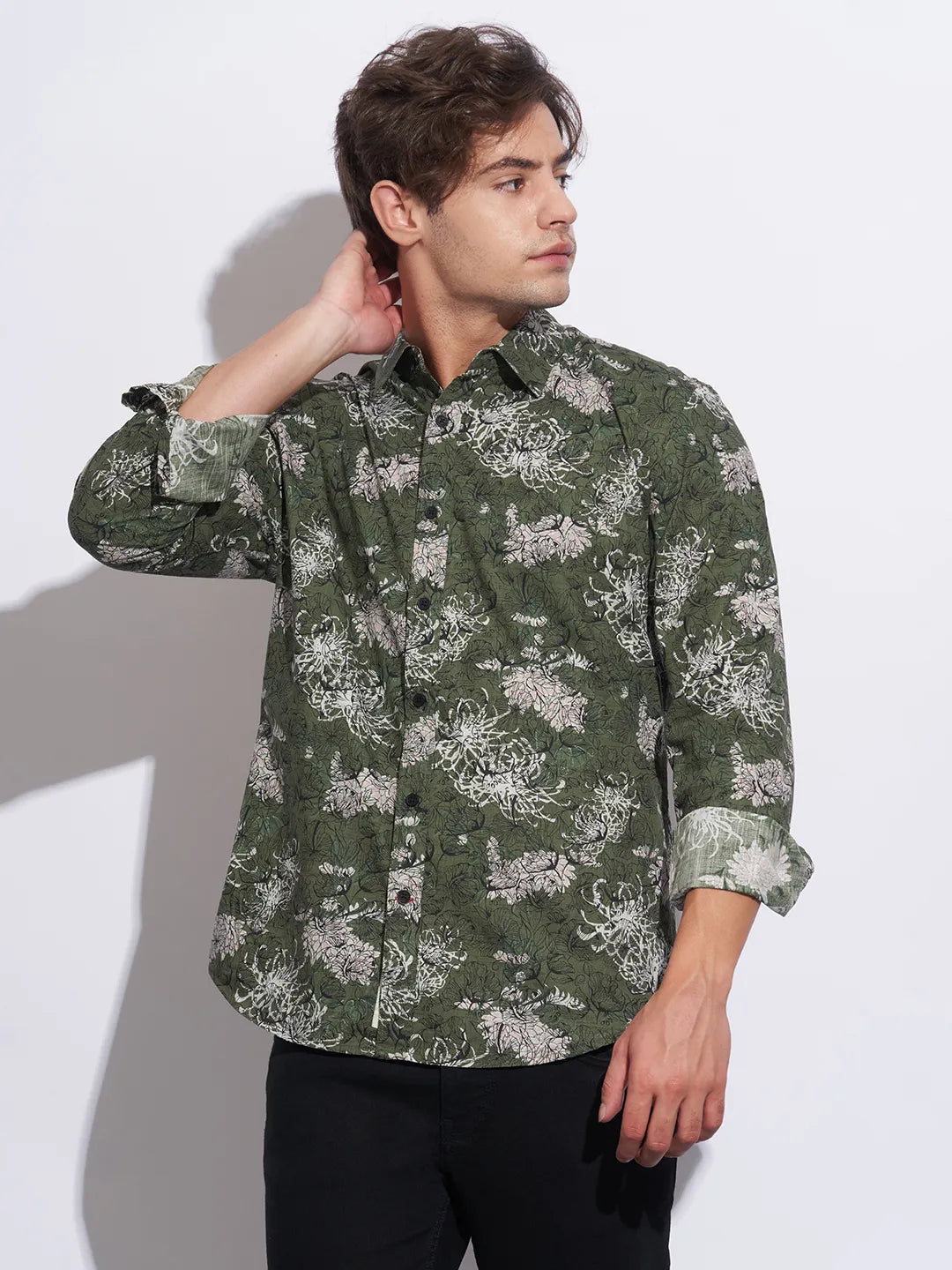 Olive Moderno Fit Regular Collar Long Sleeves Cotton Men's Shirt by Being Human Clothing