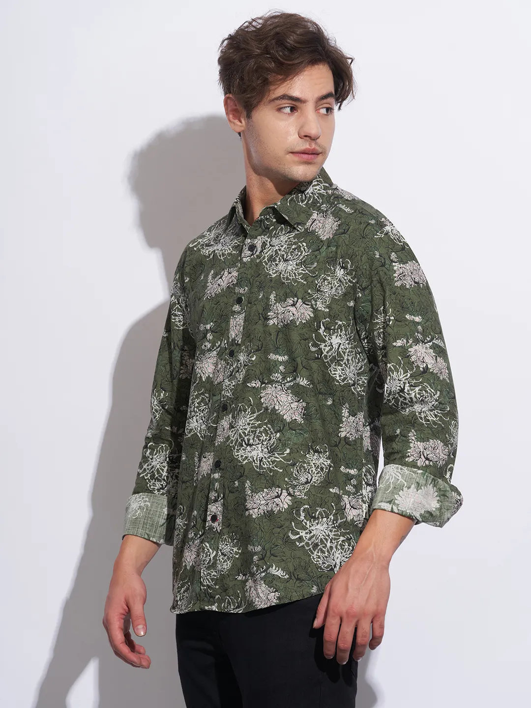 Olive Moderno Fit Regular Collar Long Sleeves Cotton Men's Shirt by Being Human Clothing