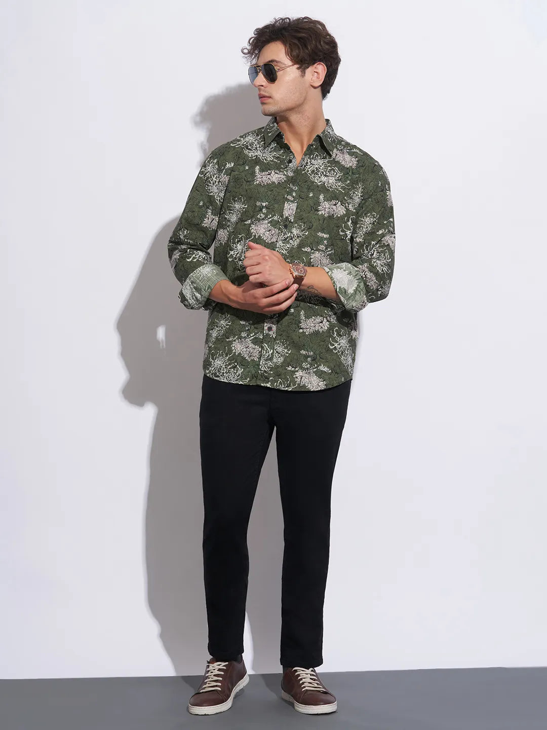 Olive Moderno Fit Regular Collar Long Sleeves Cotton Men's Shirt by Being Human Clothing