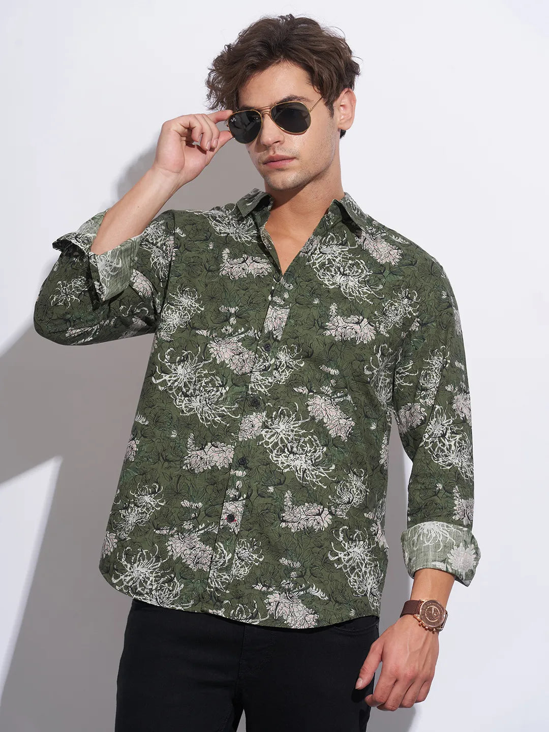 Olive Moderno Fit Regular Collar Long Sleeves Cotton Men's Shirt by Being Human Clothing