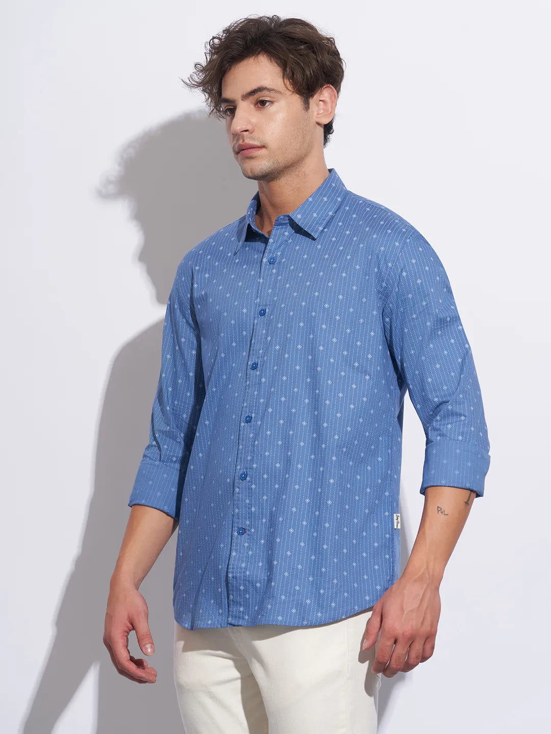 Blue Moderno Fit Regular Collar Long Sleeves Cotton Men's Shirt by Being Human Clothing