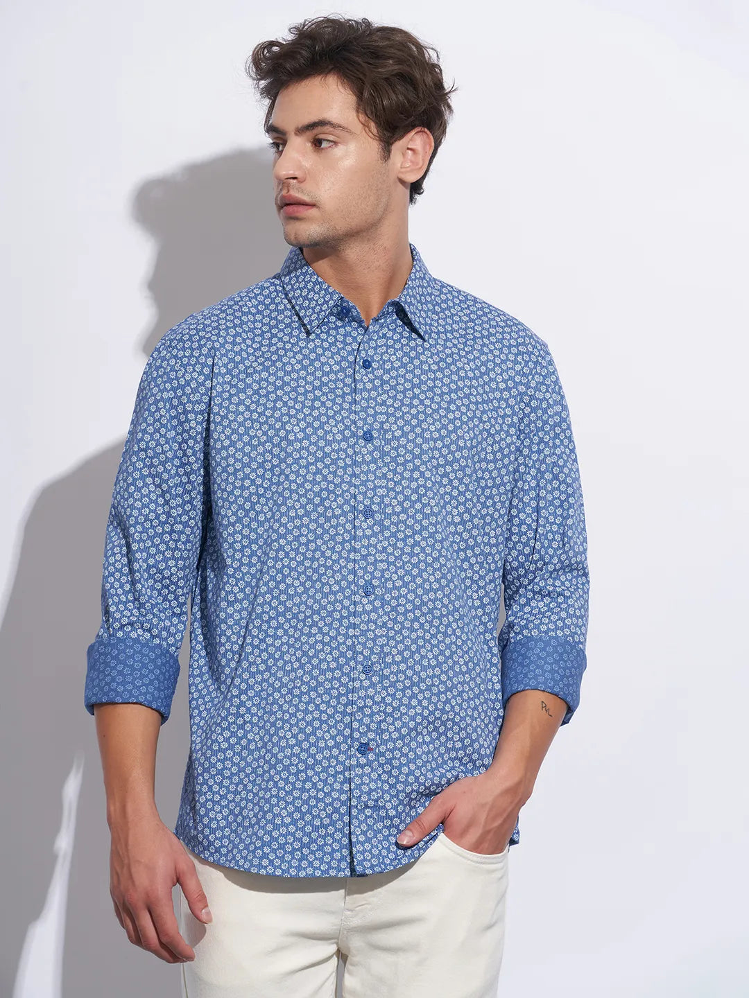 Blue Moderno Fit Regular Collar Long Sleeves Cotton Men's Shirt by Being Human Clothing