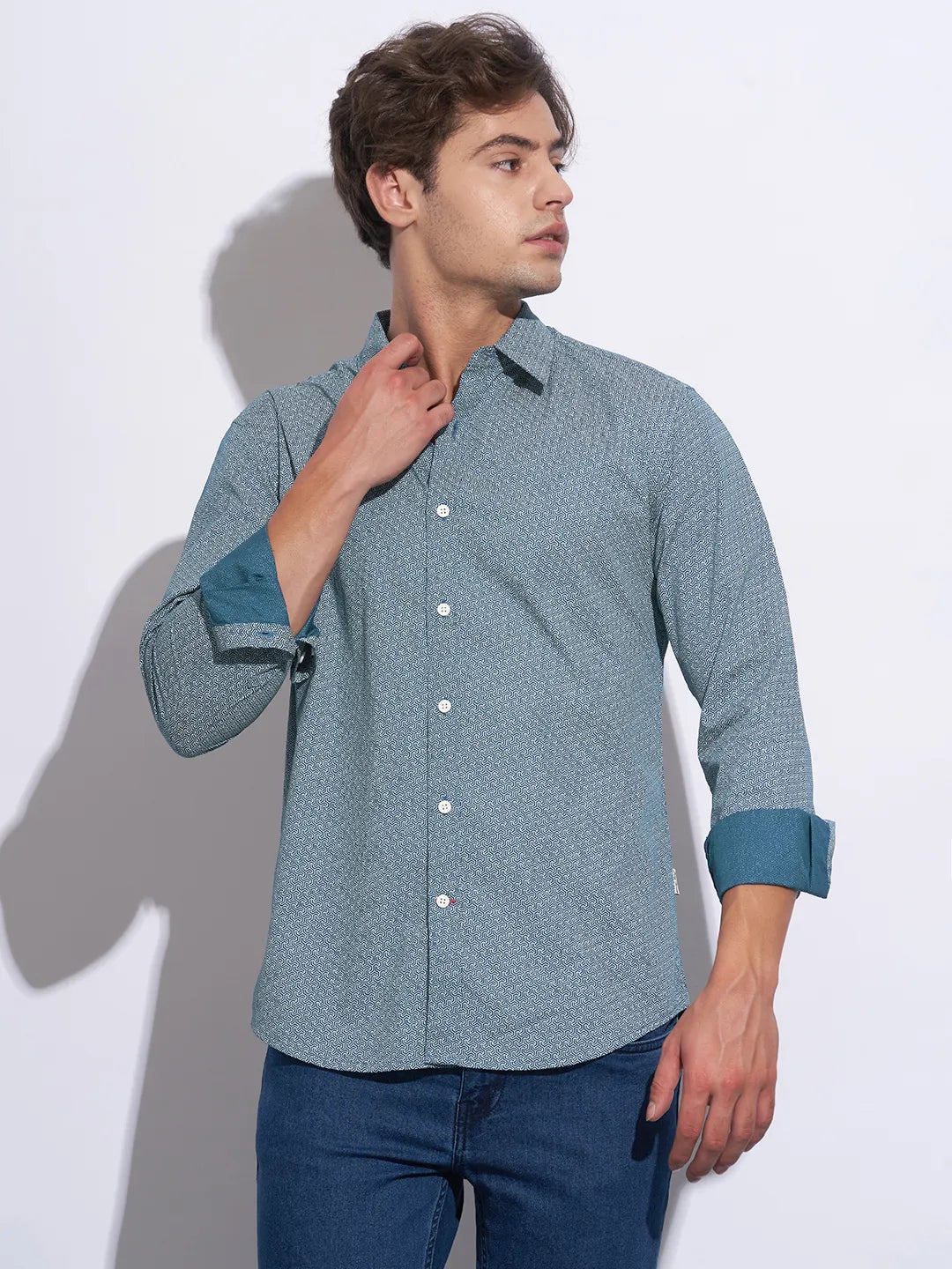 Green Moderno Fit Regular Collar Long Sleeves Cotton Men's Shirt by Being Human Clothing