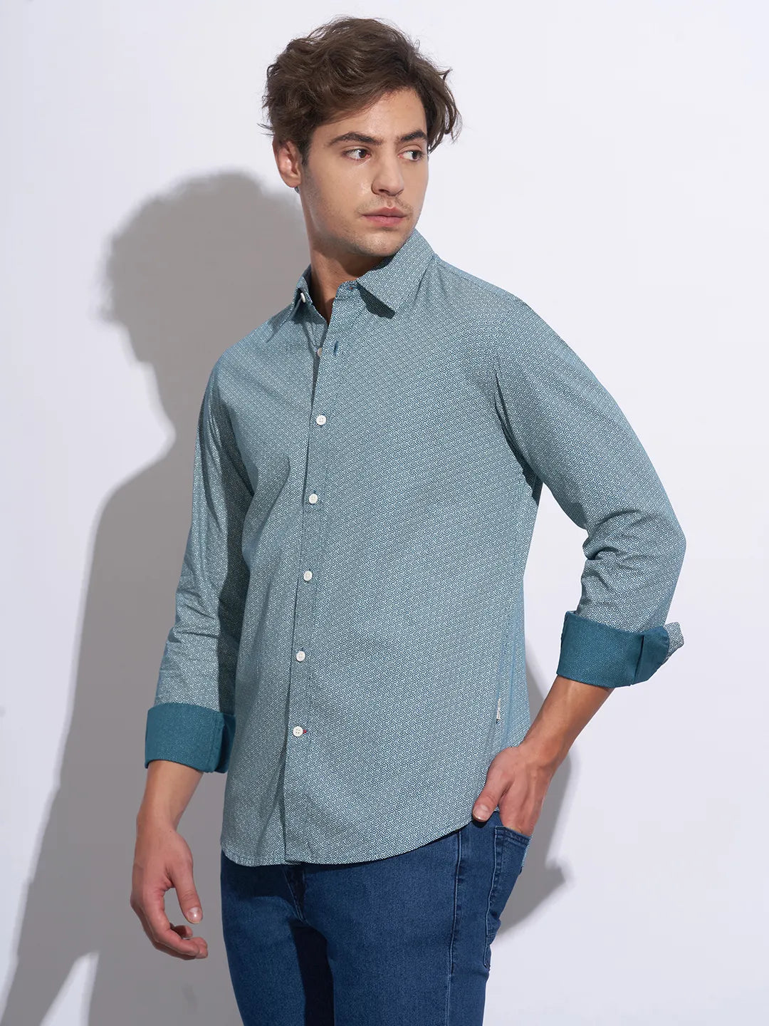 Green Moderno Fit Regular Collar Long Sleeves Cotton Men's Shirt by Being Human Clothing