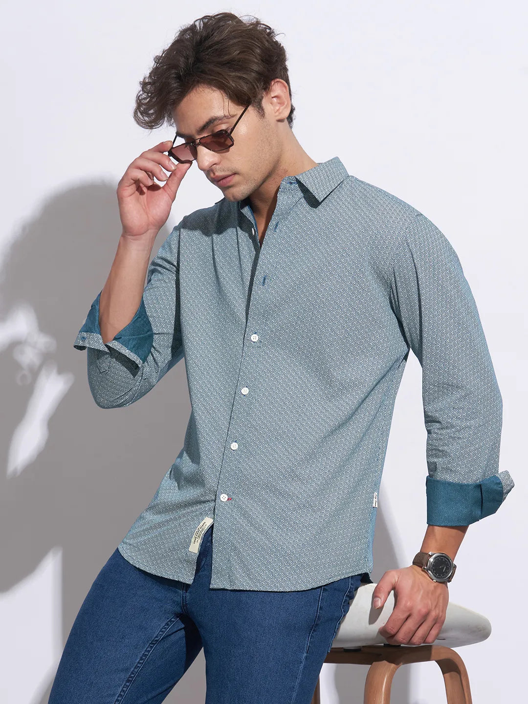 Green Moderno Fit Regular Collar Long Sleeves Cotton Men's Shirt by Being Human Clothing