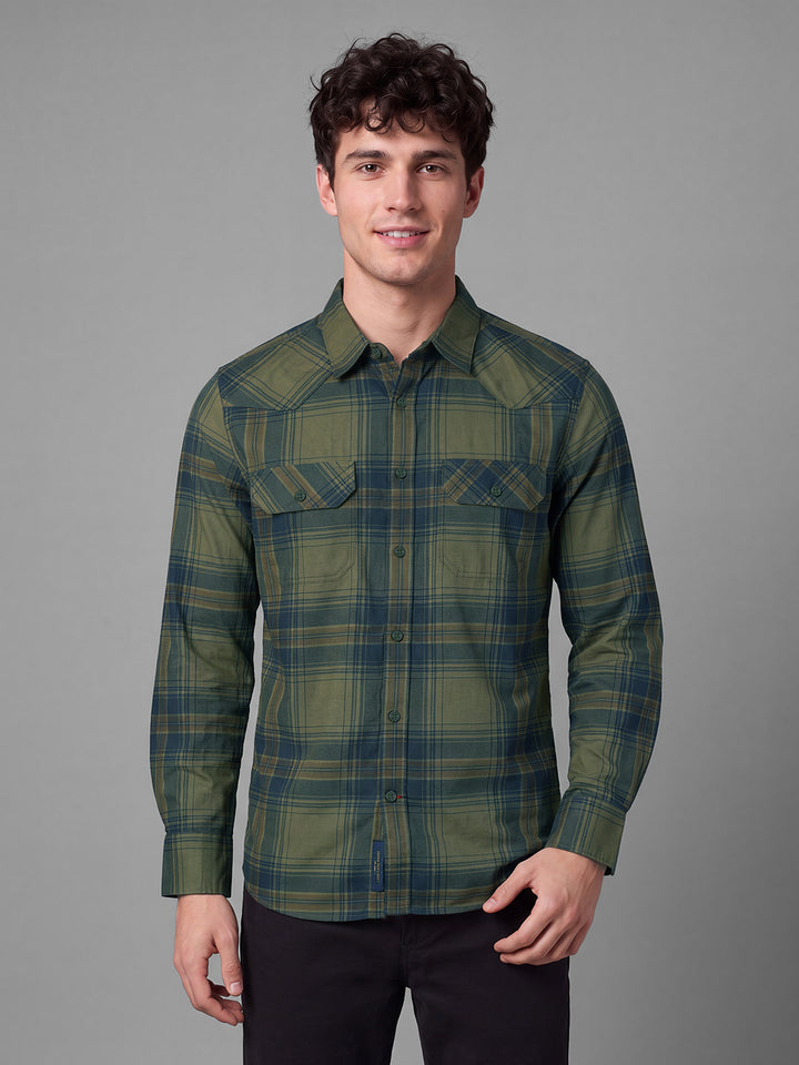 Olive Moderno Fit Regular Collar Long Sleeves Cotton Men's Shirt