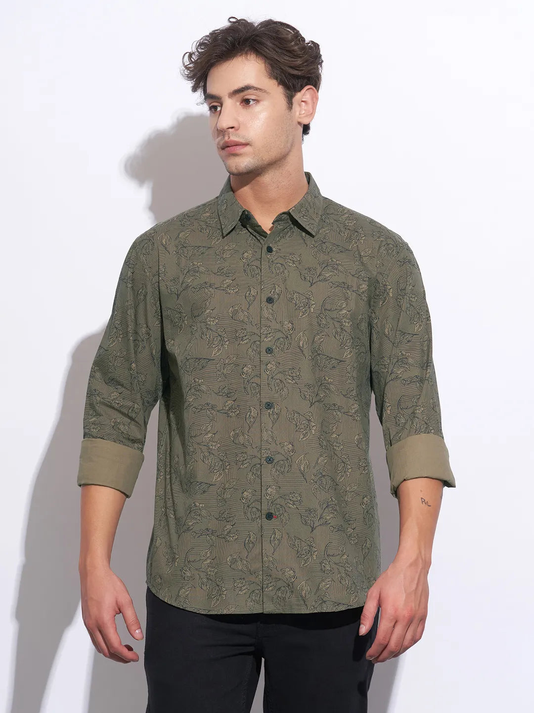 Olive Moderno Fit Regular Collar Long Sleeves Cotton Men's Shirt by Being Human Clothing