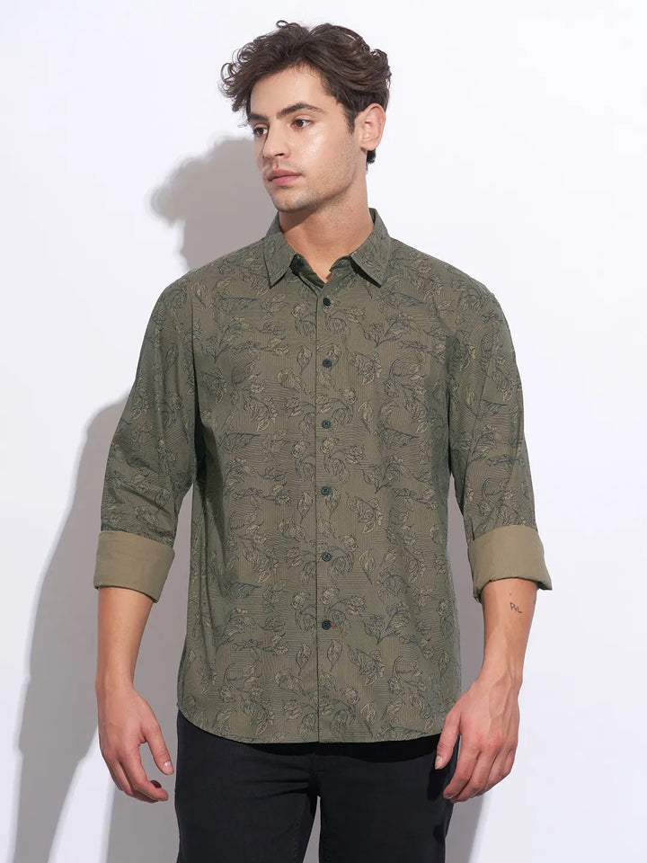 Olive Moderno Fit Regular Collar Long Sleeves Cotton Men's Shirt by Being Human Clothing
