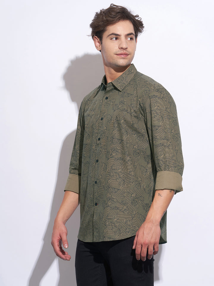 Olive Moderno Fit Regular Collar Long Sleeves Cotton Men's Shirt