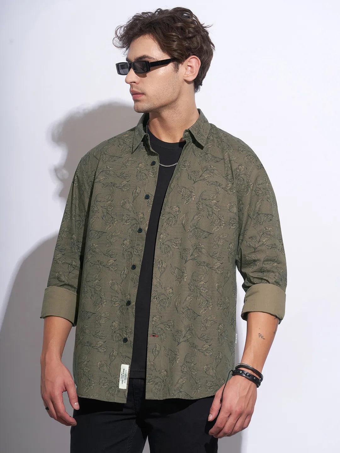 Olive Moderno Fit Regular Collar Long Sleeves Cotton Men's Shirt by Being Human Clothing