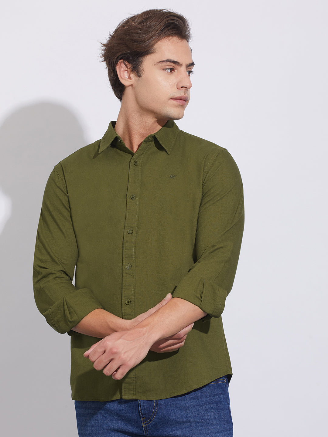 Olive Moderno Fit Regular Collar Shirt for Men by Being Human Clothing