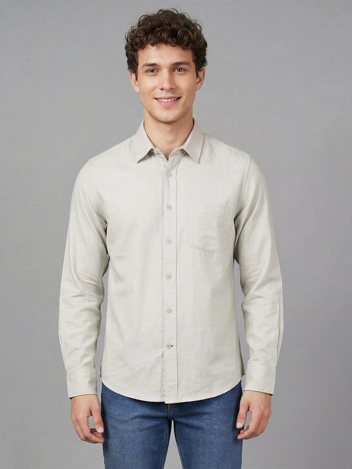 Beige Regular Fit Full Sleeve Pure Cotton Men's Shirt