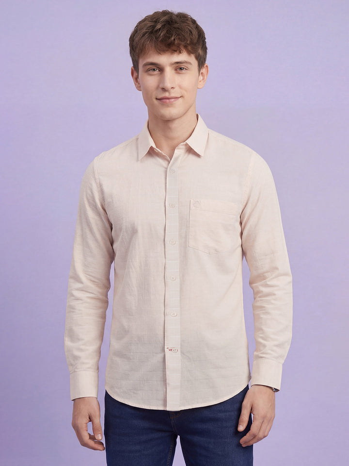 Cream Textured Moderno Fit Long Sleeves Men's Shirt