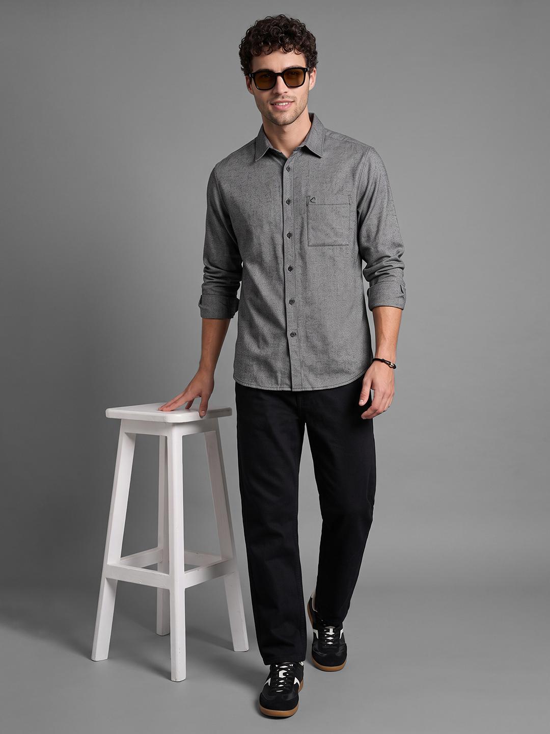 Black Regular Fit Dobby Weave Pattern Long Sleeve Spread Collar Shirt By Being Human Clothing