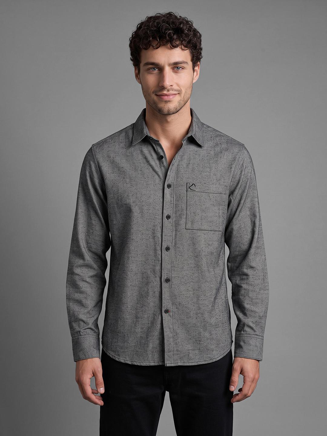 Black Regular Fit Dobby Weave Pattern Long Sleeve Spread Collar Shirt By Being Human Clothing