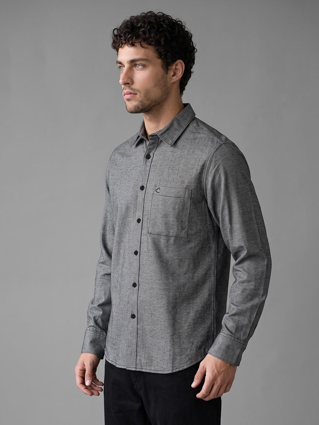 Black Regular Fit Dobby Weave Pattern Long Sleeve Spread Collar Shirt By Being Human Clothing