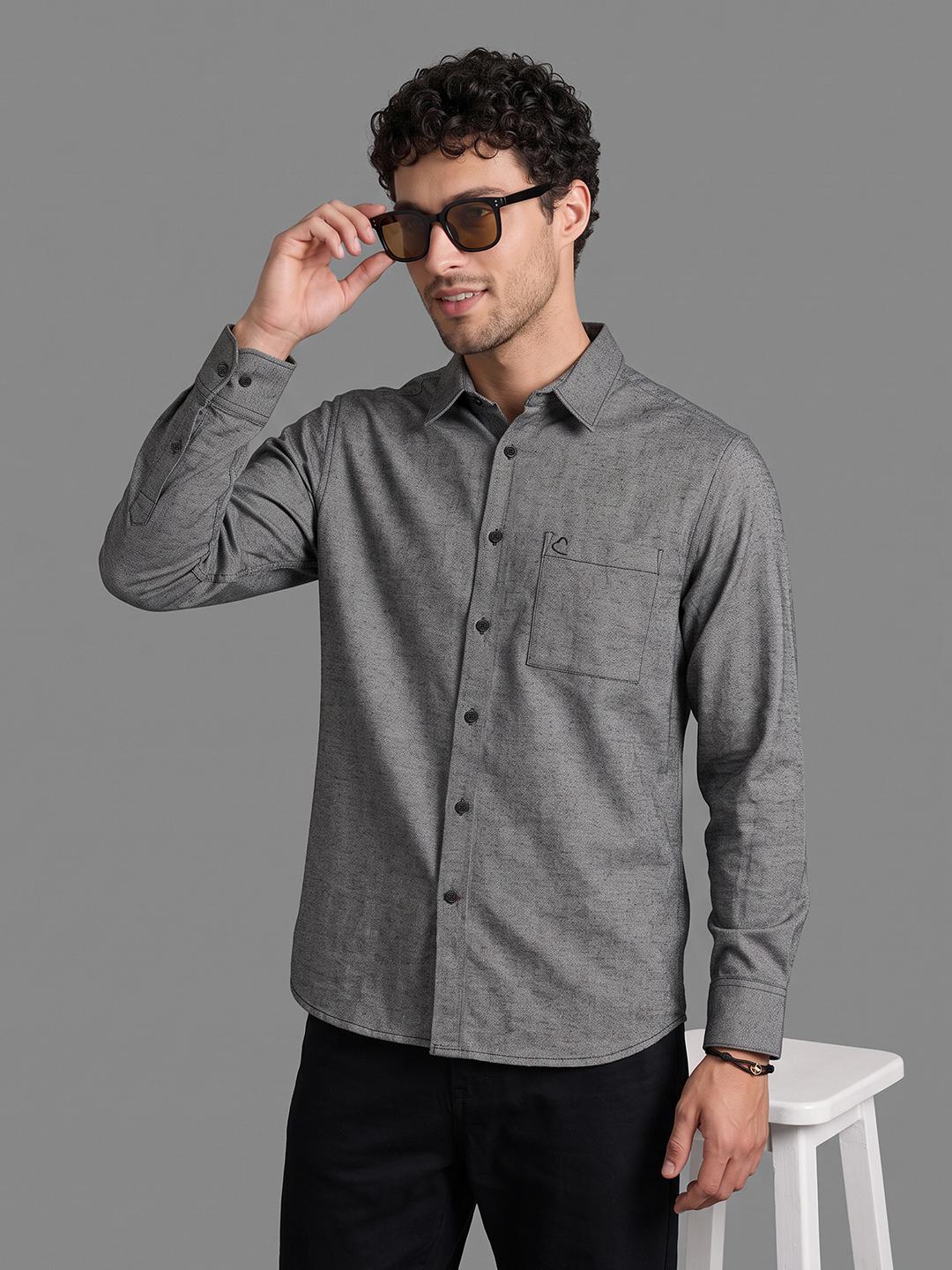 Black Regular Fit Dobby Weave Pattern Long Sleeve Spread Collar Shirt By Being Human Clothing