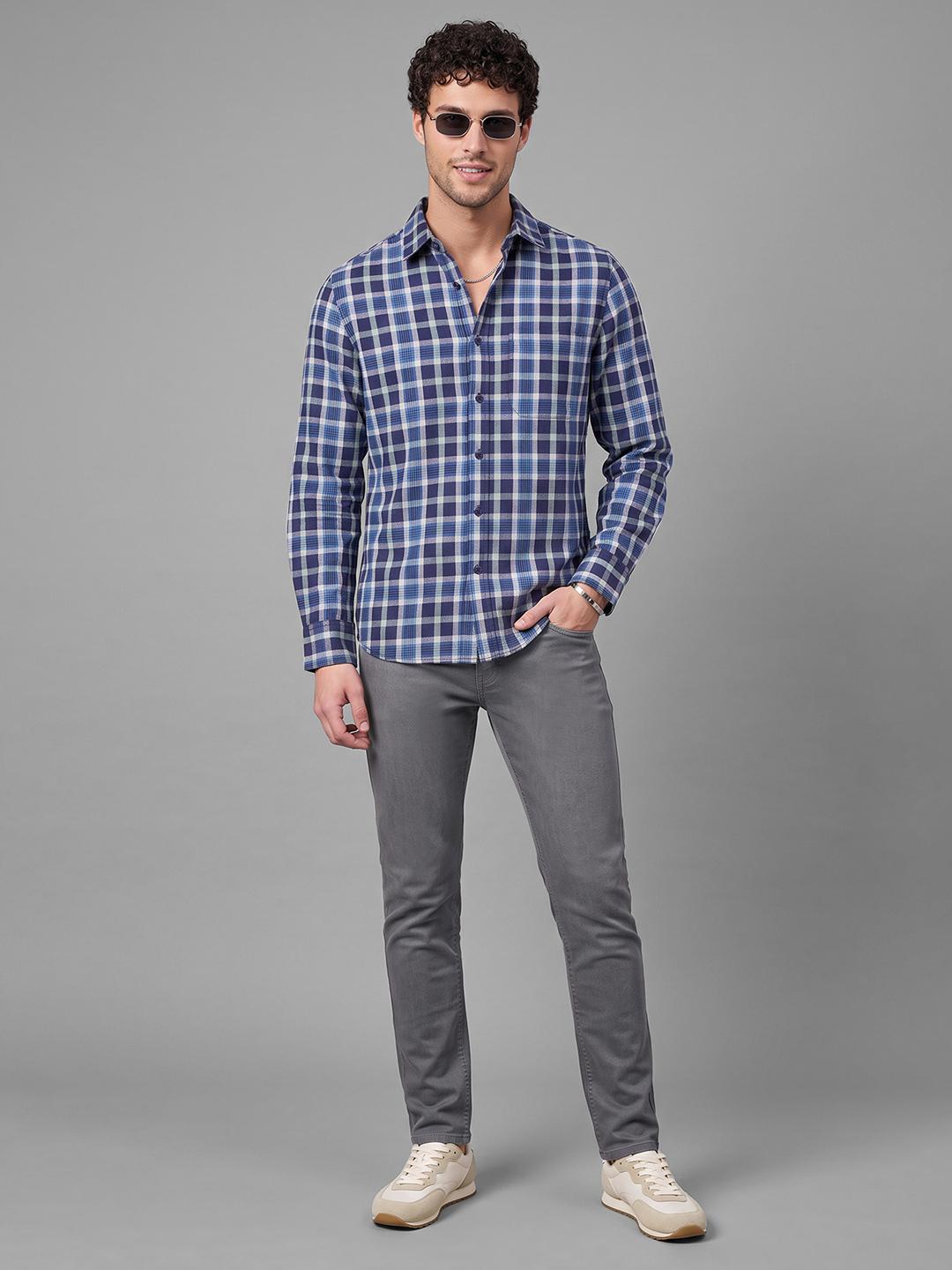 Ink Blue Regular Fit Check Long Sleeve Spread Collar Shirt By Being Human Clothing