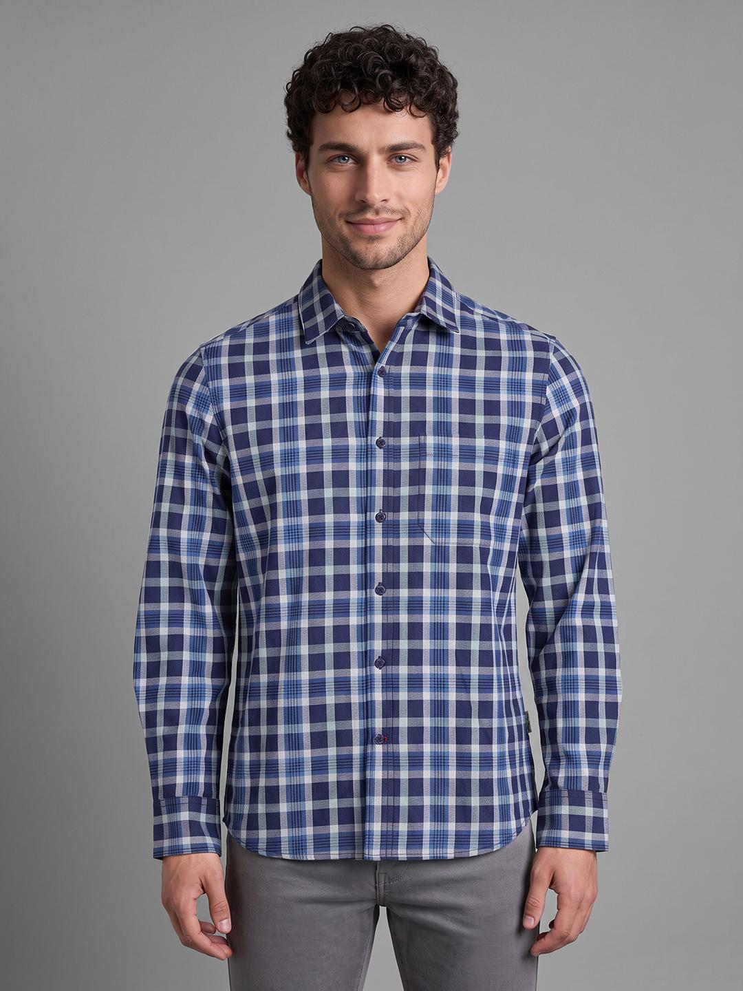 Ink Blue Regular Fit Check Long Sleeve Spread Collar Shirt By Being Human Clothing