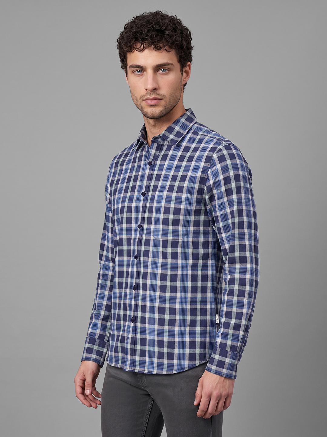 Ink Blue Regular Fit Check Long Sleeve Spread Collar Shirt By Being Human Clothing